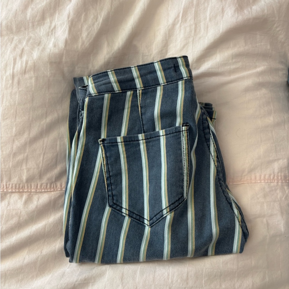 Striped Wide Leg Jeans in Navy and Pale Yellow